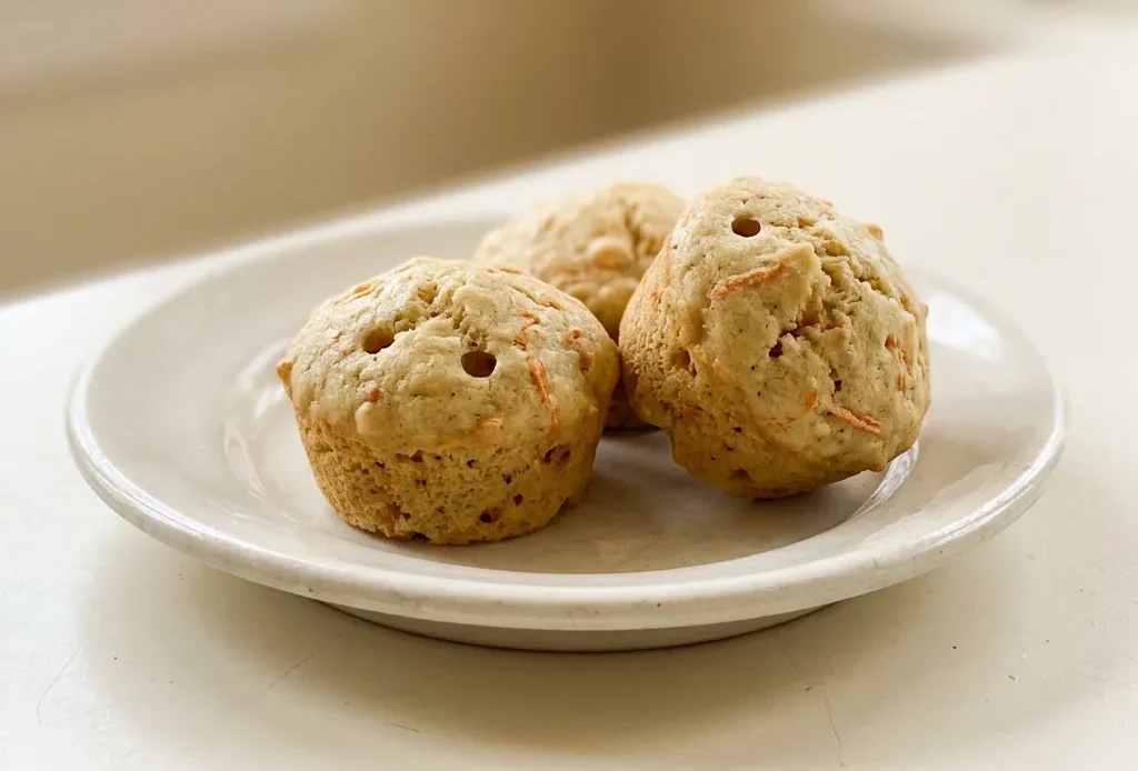 Top-down look at a muffin with apple, banana, and carrot bits, topped with cinnamon streusel.