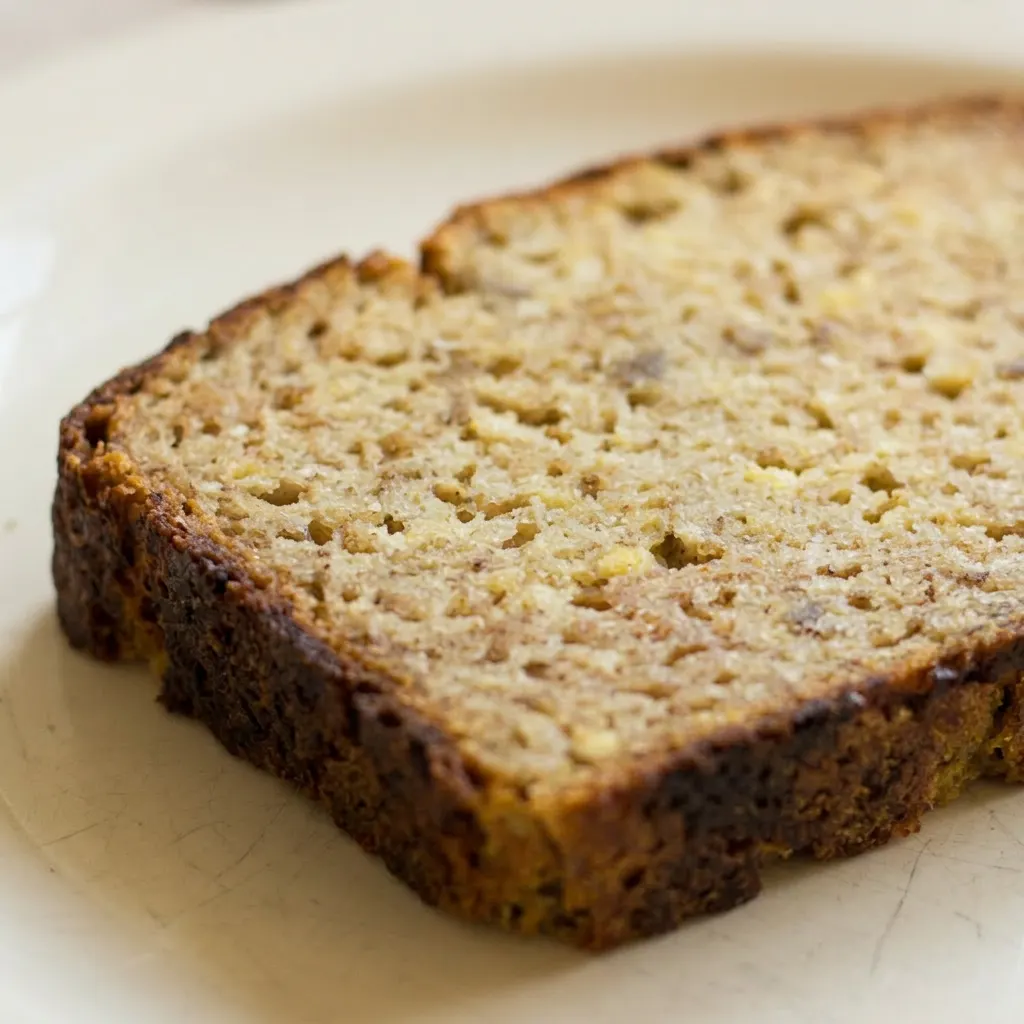 Close view of a slice of paleo sourdough bread showing a porous crumb, visible bits of green plantain, and a crisp brown crust.