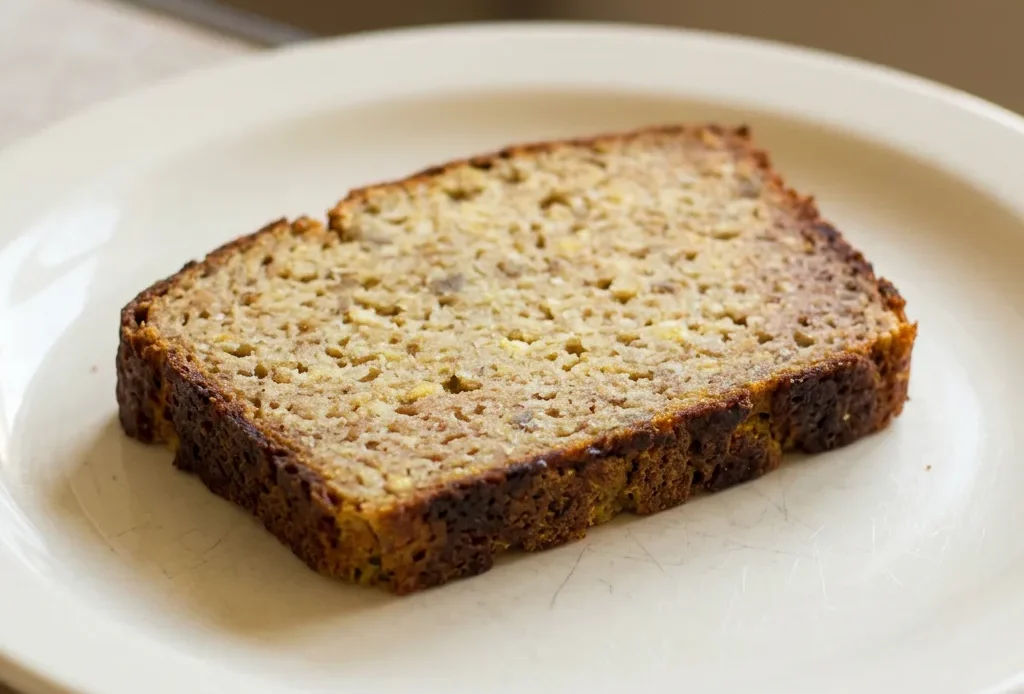 Overhead shot of a round sourdough sandwich bread slice with golden crust, dotted with green plantain chunks and speckled with tiger nut flour.