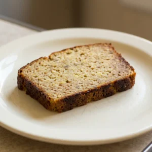 Overhead shot of a round sourdough sandwich bread slice with golden crust, dotted with green plantain chunks and speckled with tiger nut flour.