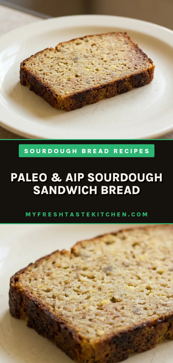 Overhead shot of a round sourdough sandwich bread slice with golden crust, dotted with green plantain chunks and speckled with tiger nut flour.