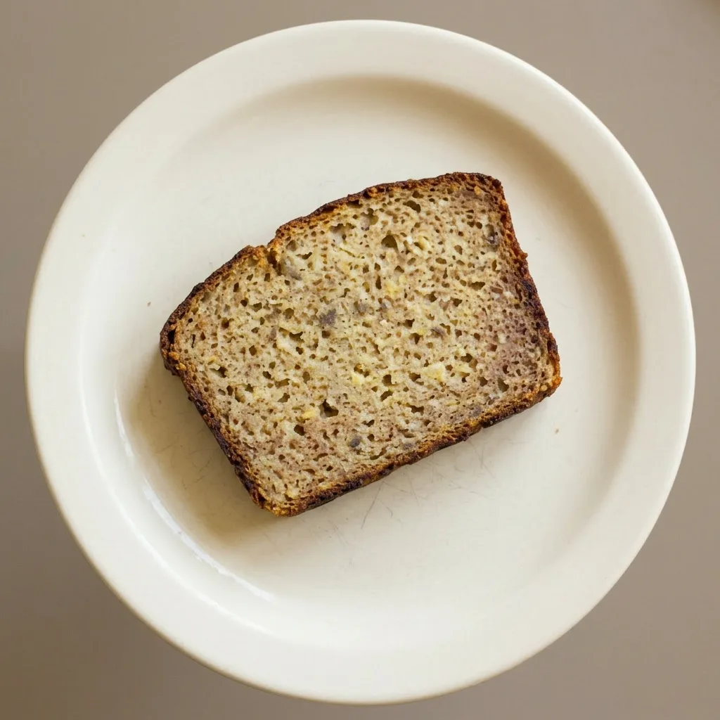 Plated slice of sourdough sandwich bread, topped with green plantain pieces, resting on a dark surface, crusty exterior visible.