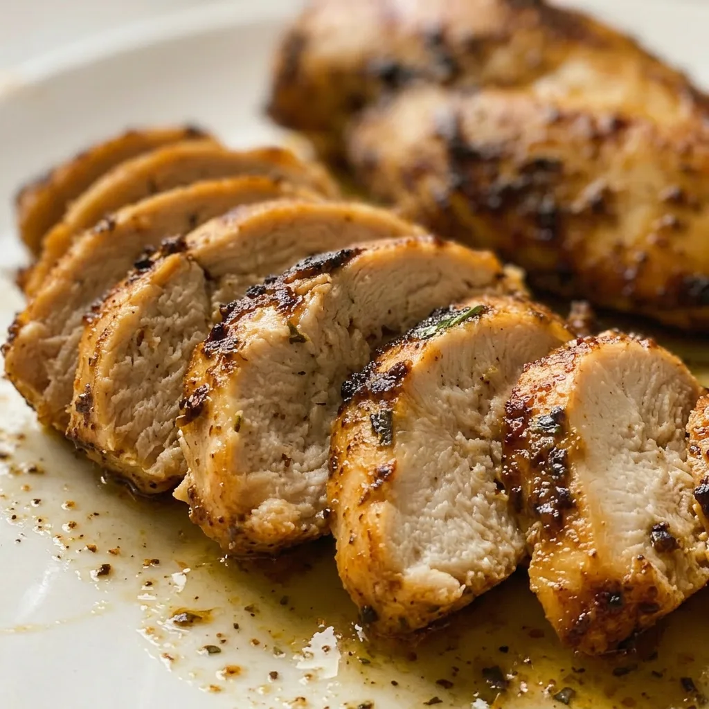 Up close, a seared chicken breast glistens with olive oil and lemon juice, topped with visible garlic powder, paprika, and Italian seasoning.