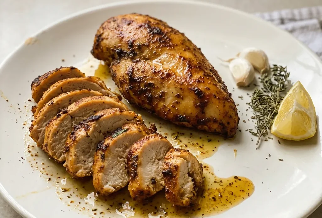 Looking down at a golden-brown chicken breast drizzled with lemon juice and speckled with garlic powder, paprika, and Italian seasoning.