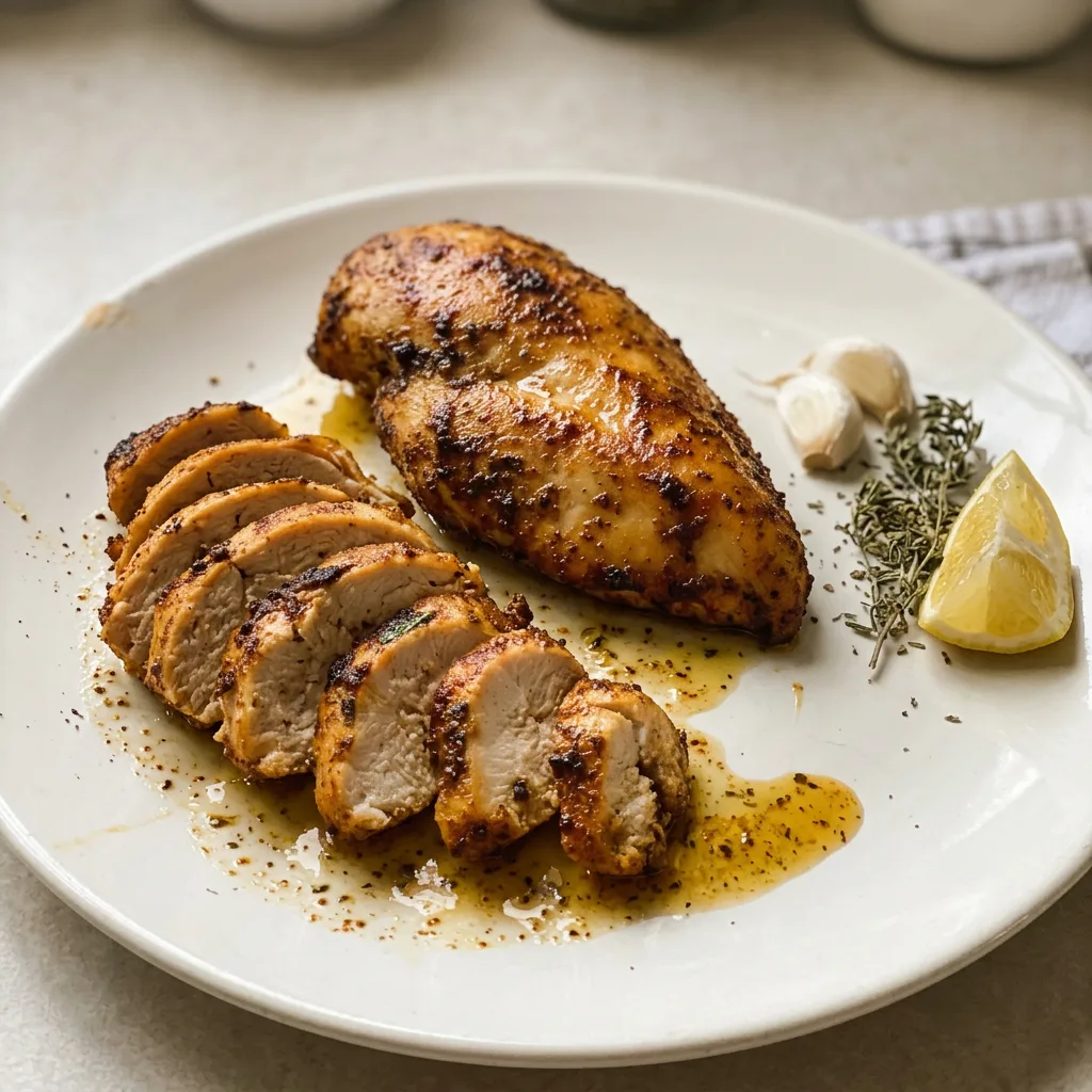Looking down at a golden-brown chicken breast drizzled with lemon juice and speckled with garlic powder, paprika, and Italian seasoning.