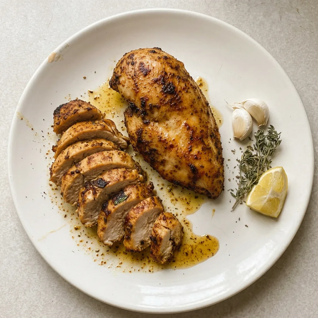 A plate of a juicy chicken breast seasoned with garlic powder, paprika, and Italian seasoning, with a light lemon juice glaze.