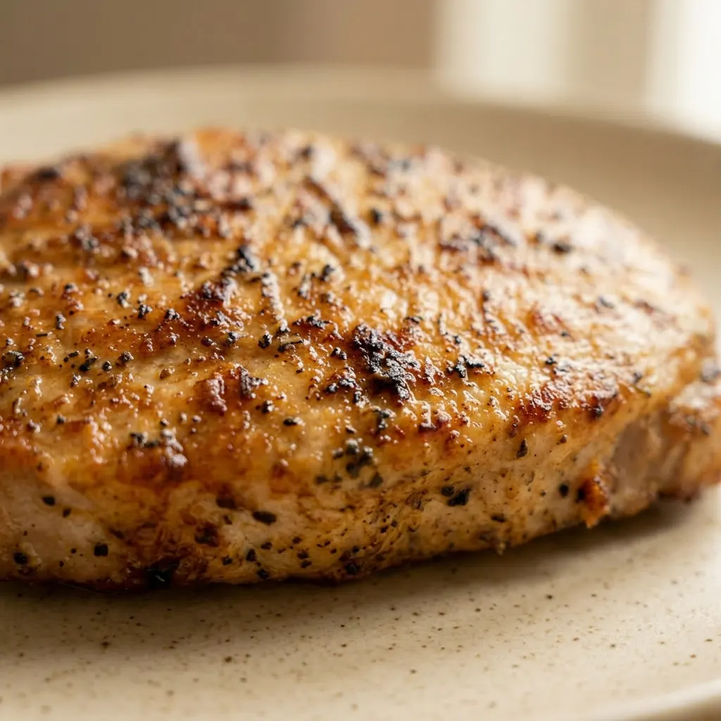 Up close, a pork chop with a golden-brown crust speckled with black pepper and dried herbs.
