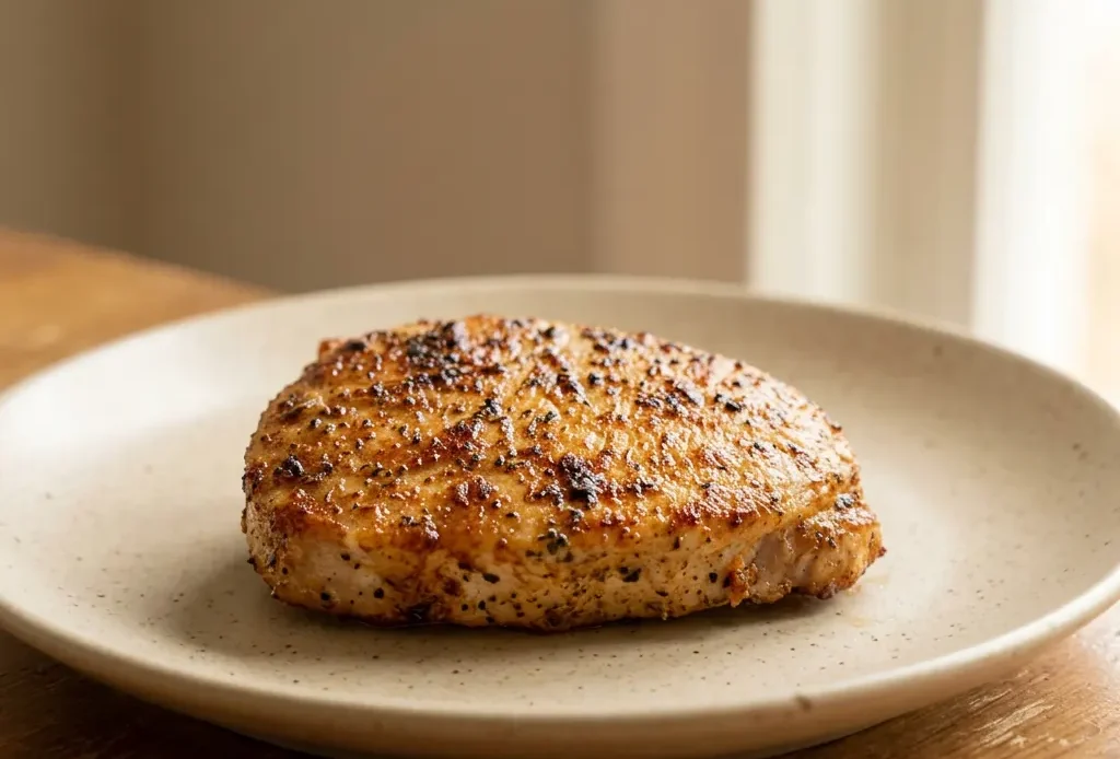 Looking down at two breaded pork chops seasoned with paprika and herbs, with a slight olive oil sheen.