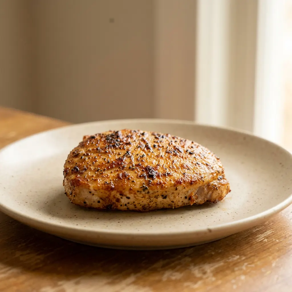 Looking down at two breaded pork chops seasoned with paprika and herbs, with a slight olive oil sheen.