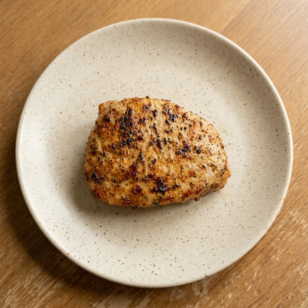 A plate of boneless pork loin chops, each coated in a paprika and garlic powder rub.