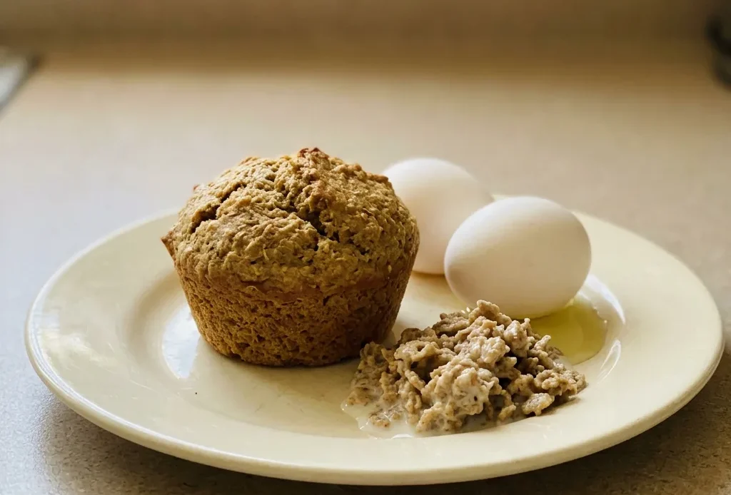 Bird's-eye view of a dark brown muffin with a domed top, visible All-Bran cereal flecks on the surface.