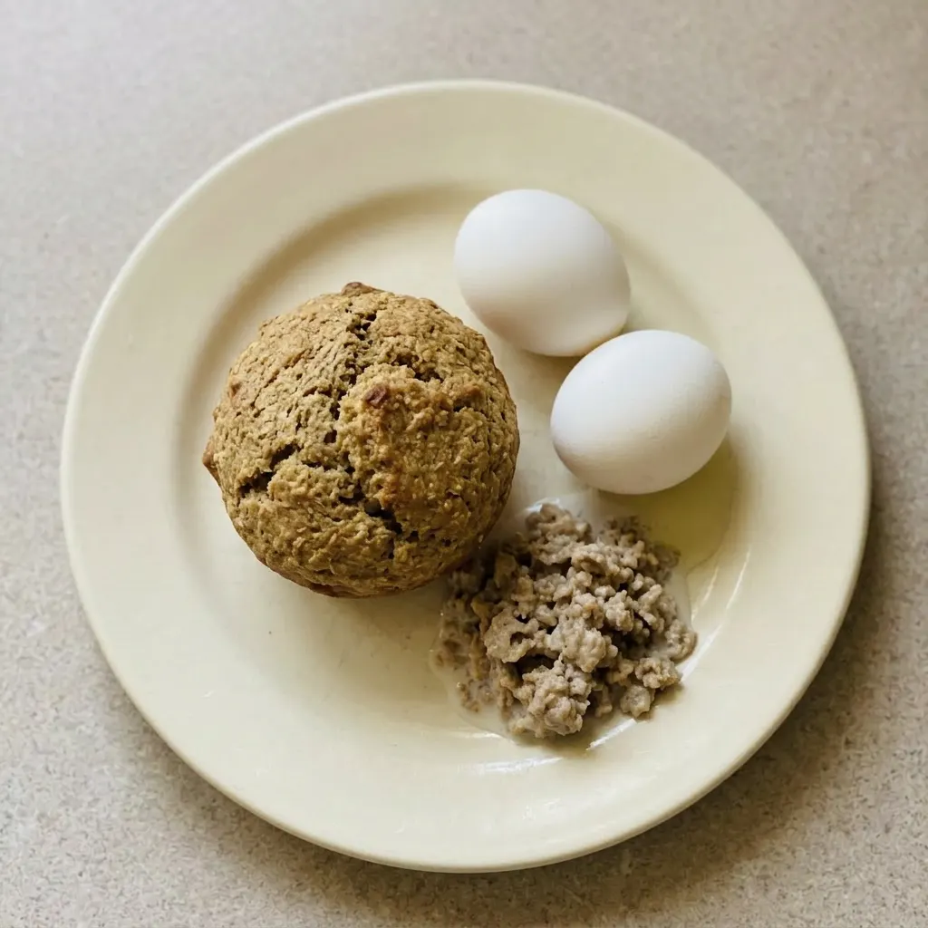 Ready to serve: a tall, golden-brown muffin with a cracked top, All-Bran pieces dotting the crust, and a glossy sheen from oil.