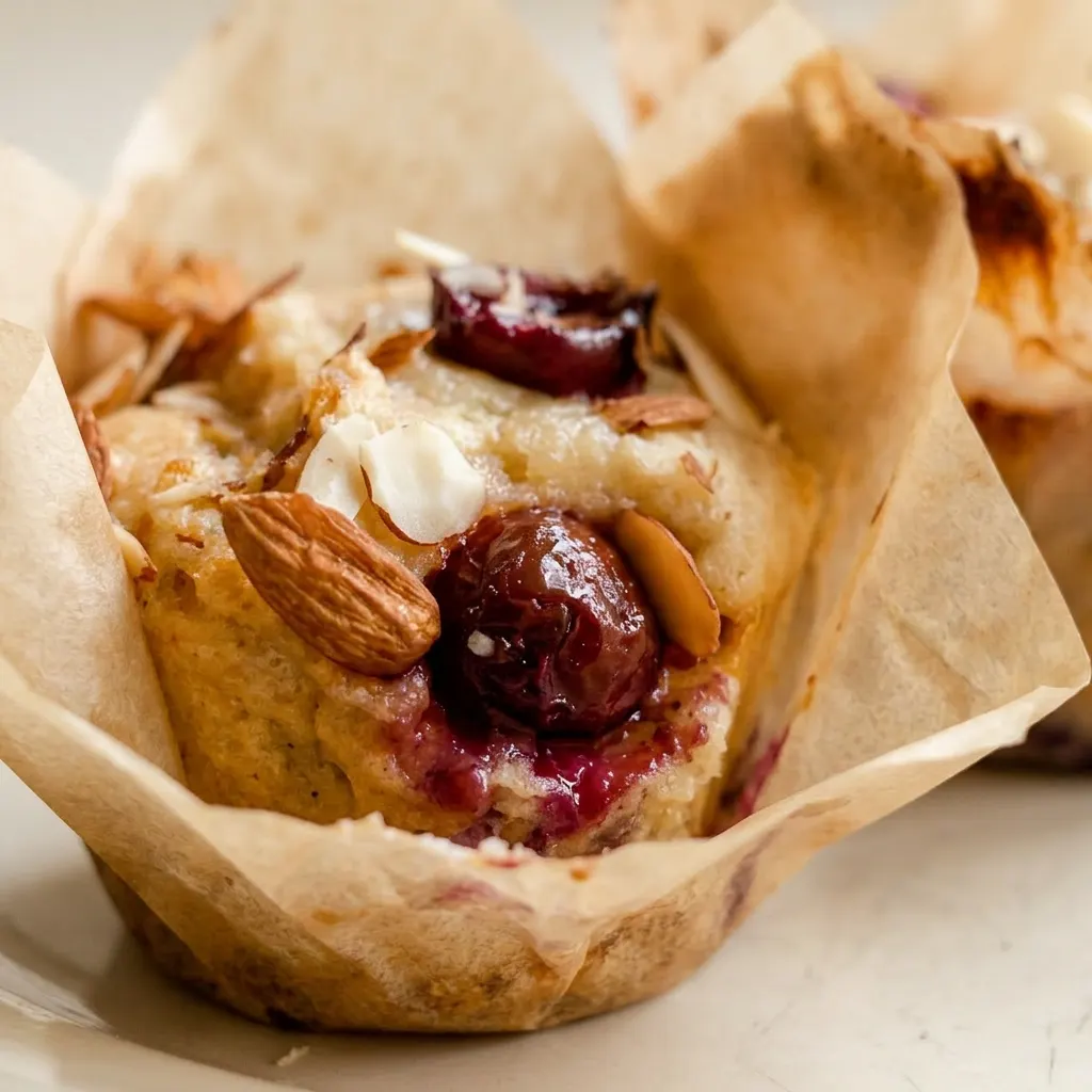 Up close, a muffin with a domed top studded with cherry chunks and sliced almonds, showing a moist crumb.