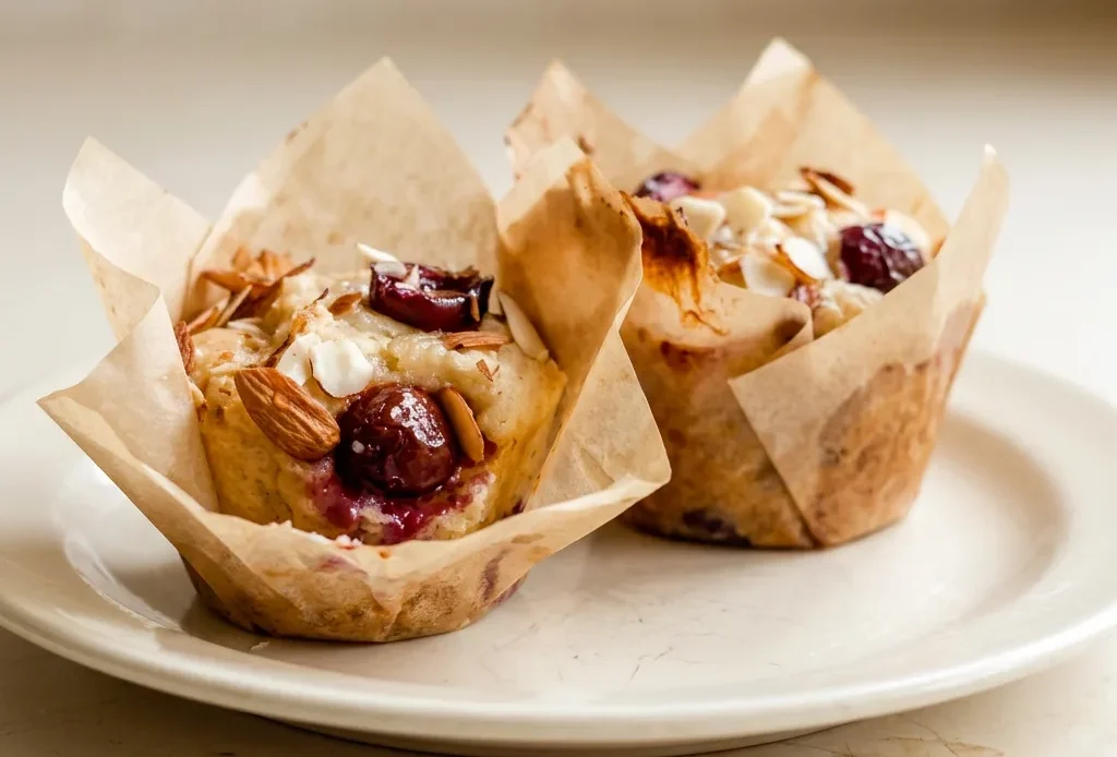 Looking down at two almond cherry muffins with visible cherry pieces and almond slivers on top, set in a white paper liner.