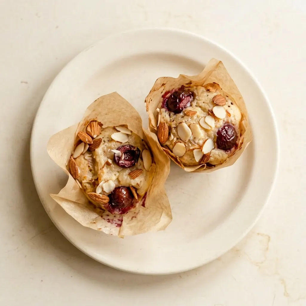 A plate of three almond cherry muffins, each with a golden brown top dotted with cherries and almonds.