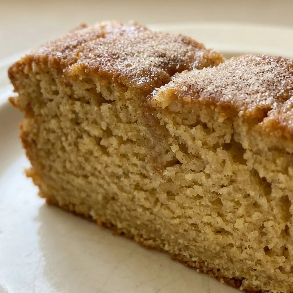 Close view of a slice of Amish Friendship Bread, showing visible cinnamon streaks and a glossy pudding-based icing.