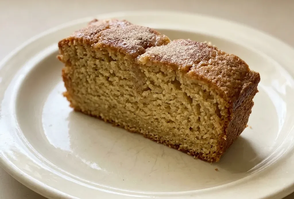 Overhead shot of a slice of Amish Friendship Bread with cinnamon swirls and a creamy glaze on a white plate.
