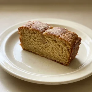 Overhead shot of a slice of Amish Friendship Bread with cinnamon swirls and a creamy glaze on a white plate.
