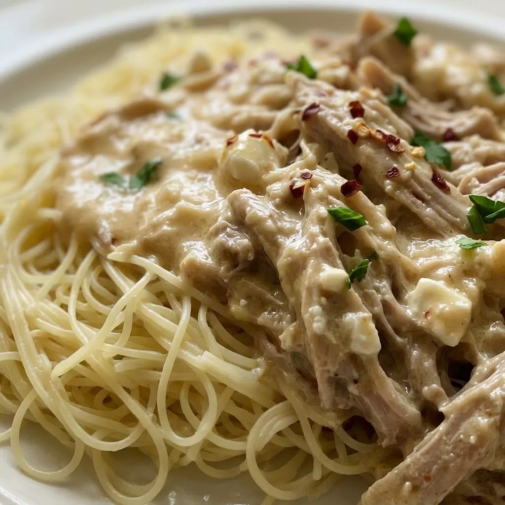 Close view of a pork chop with cream sauce and Italian dressing mix seasoning on a bed of angel hair pasta.