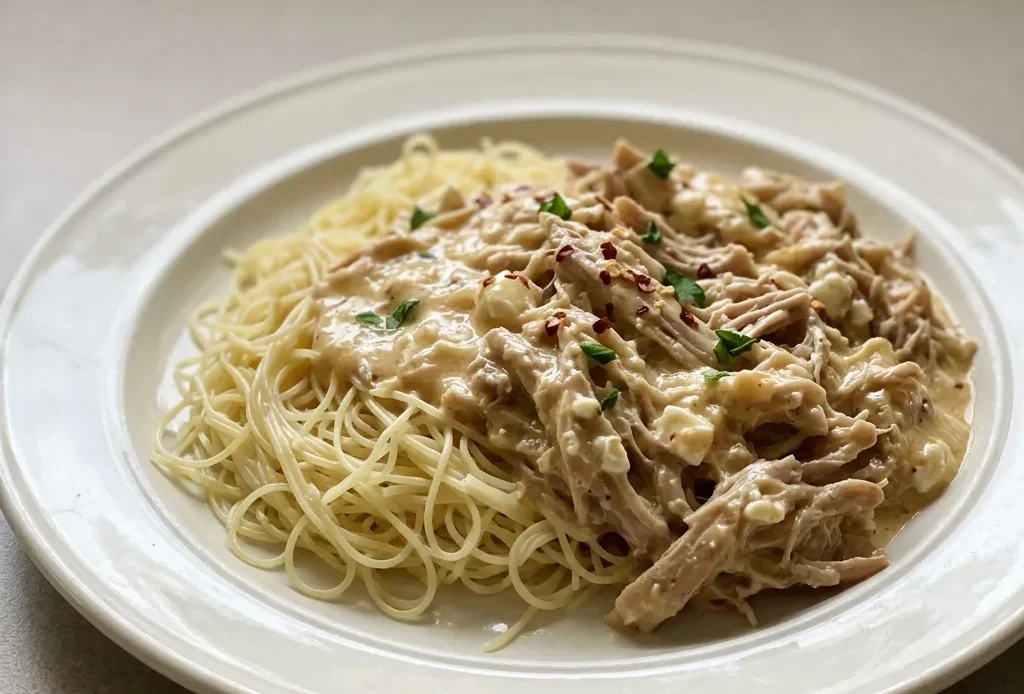 Overhead shot of angel hair pasta topped with a pork chop, creamy sauce, and visible Italian herbs.