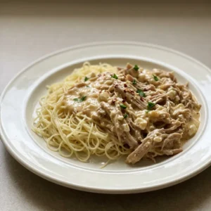 Overhead shot of angel hair pasta topped with a pork chop, creamy sauce, and visible Italian herbs.