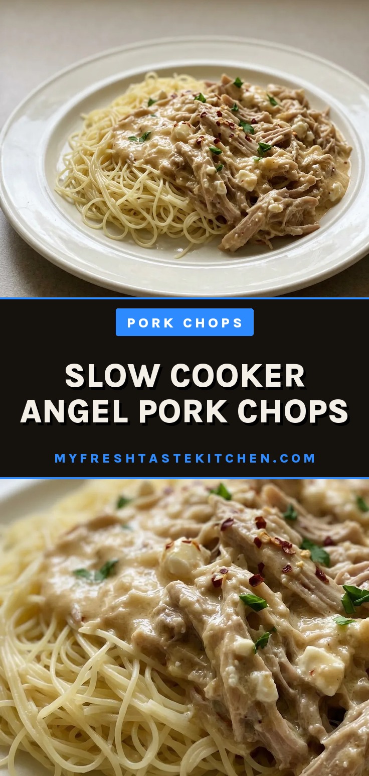 Overhead shot of angel hair pasta topped with a pork chop, creamy sauce, and visible Italian herbs.