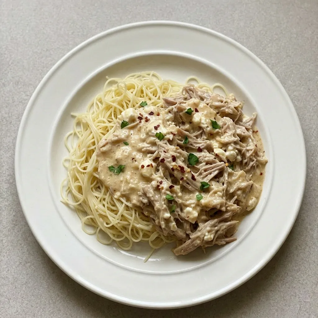 Plated pork chop and angel hair pasta in a creamy sauce with Italian dressing mix and parsley flecks.