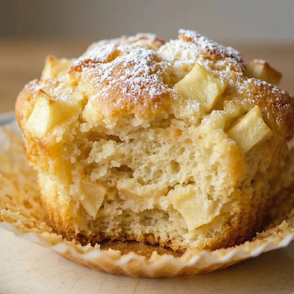 Close view of a muffin with visible quark swirl and diced apple pieces on top, cinnamon specks.