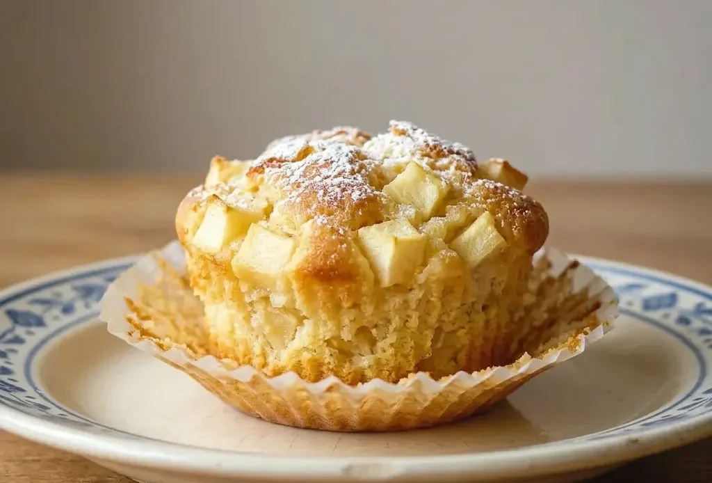 Overhead shot of two round muffins topped with quark and apple slices, sprinkled with cinnamon.