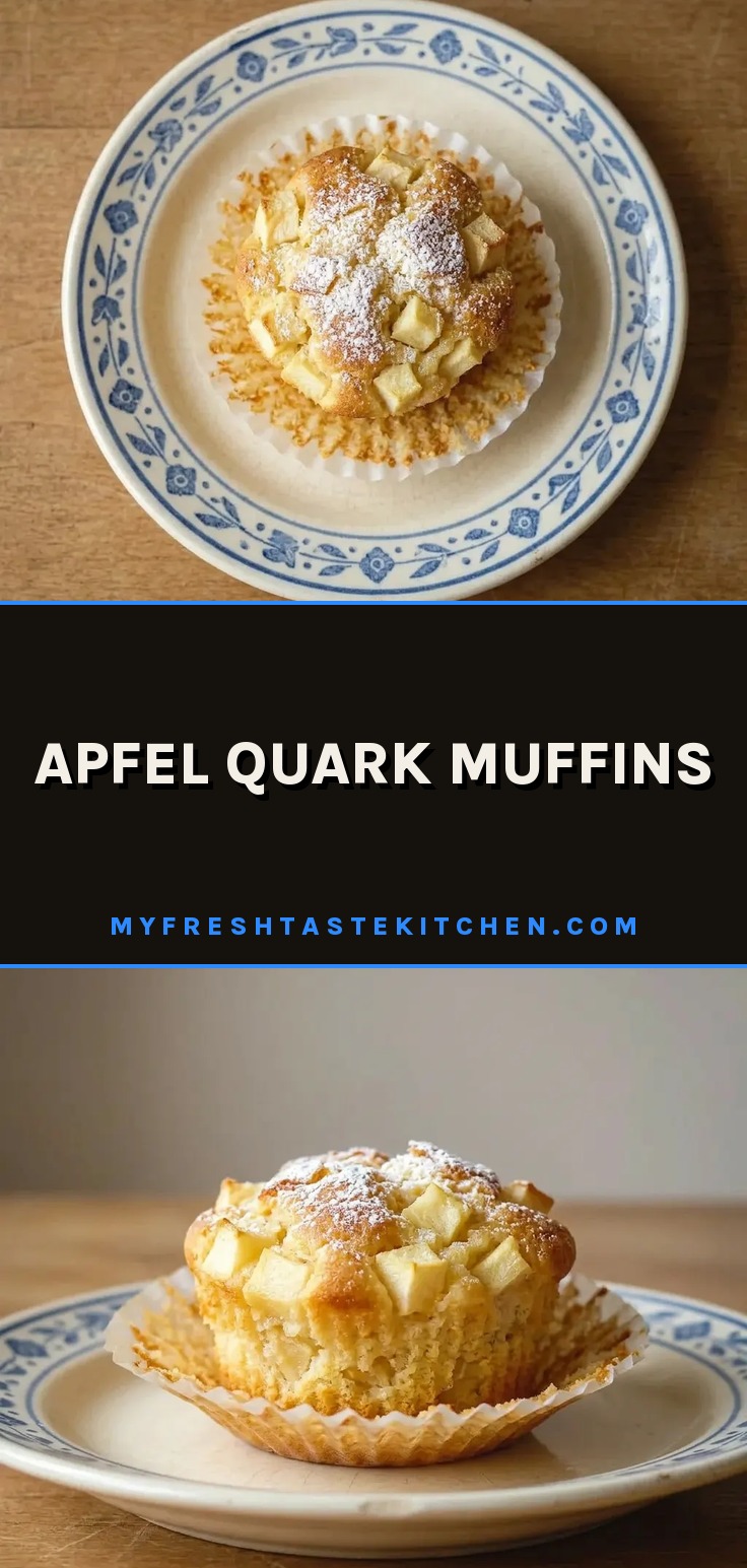 Overhead shot of two round muffins topped with quark and apple slices, sprinkled with cinnamon.
