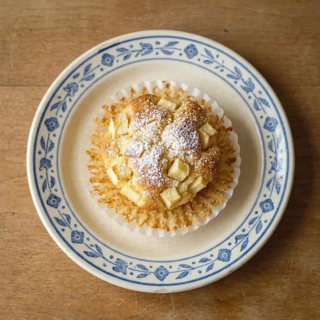 Plated muffins with quark and apple topping, cinnamon dusted, one cut open revealing apple chunks inside.