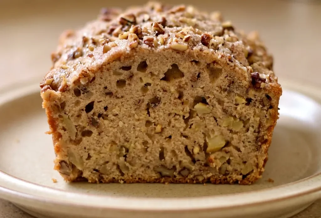 Top-down look at a slice of apple bread with pecan halves and cinnamon speckles.