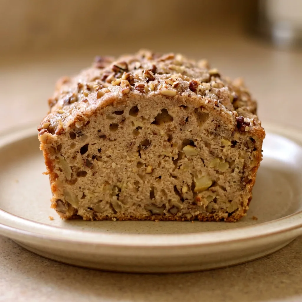 Top-down look at a slice of apple bread with pecan halves and cinnamon speckles.