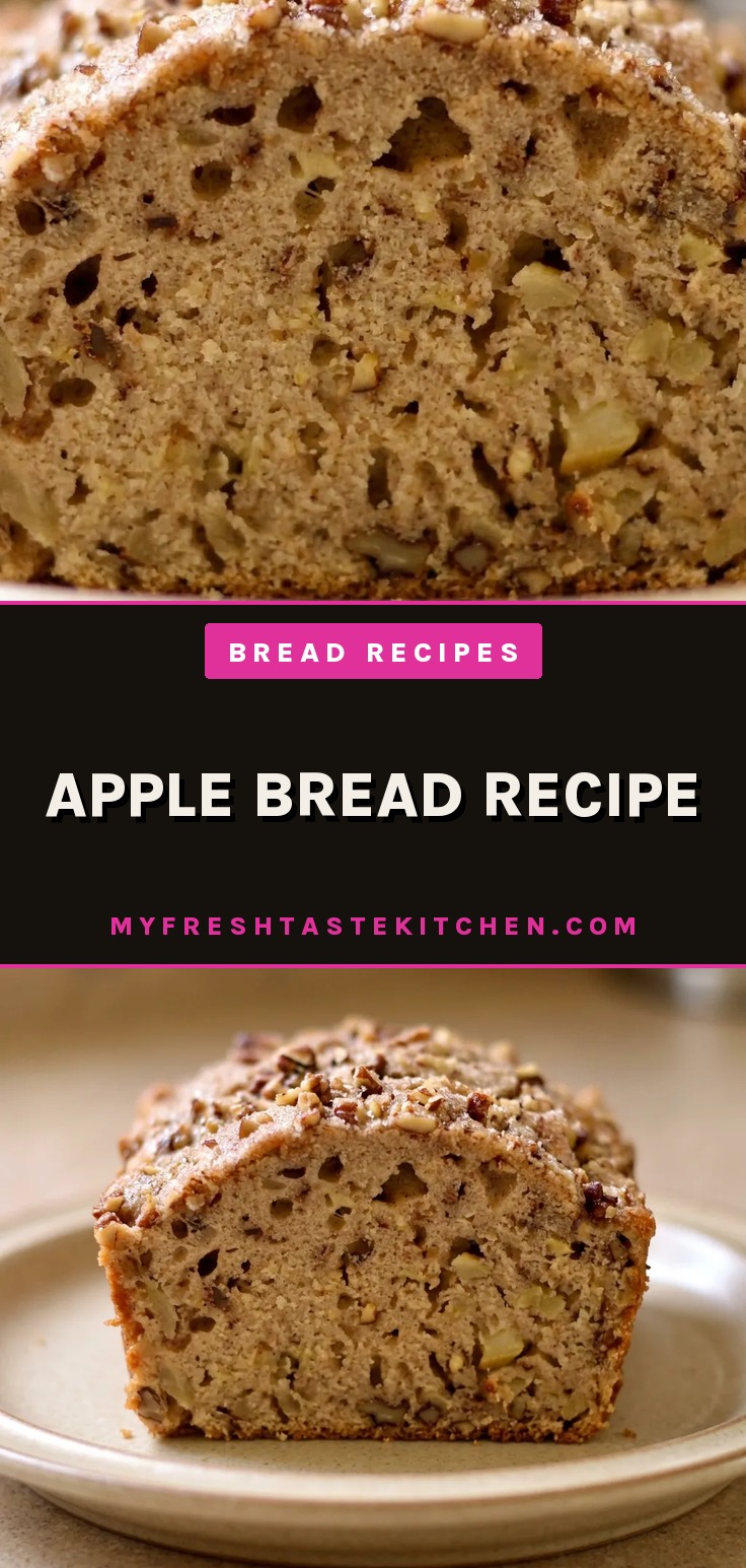 Top-down look at a slice of apple bread with pecan halves and cinnamon speckles.