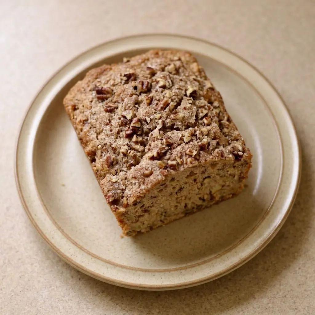A serving of apple bread topped with pecan halves and a dusting of cinnamon.