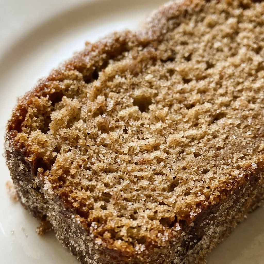 Macro detail of a slice showing a moist crumb with visible brown sugar and spice specks, topped with a light glaze.