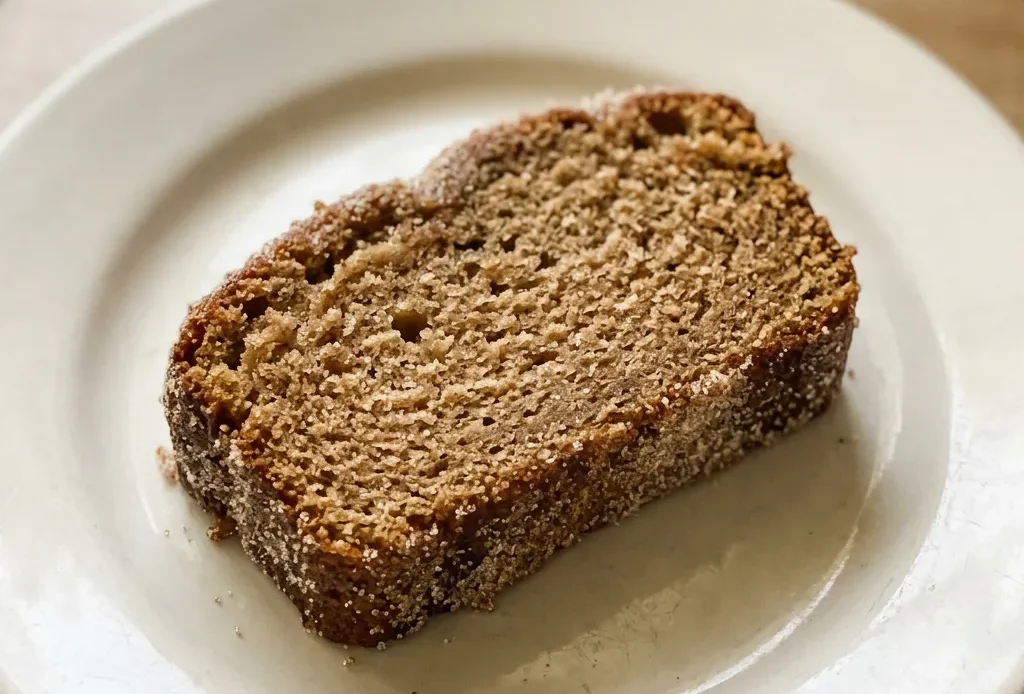 Top-down look at a round loaf cake with a cinnamon-sugar swirl on top, sliced into wedges.