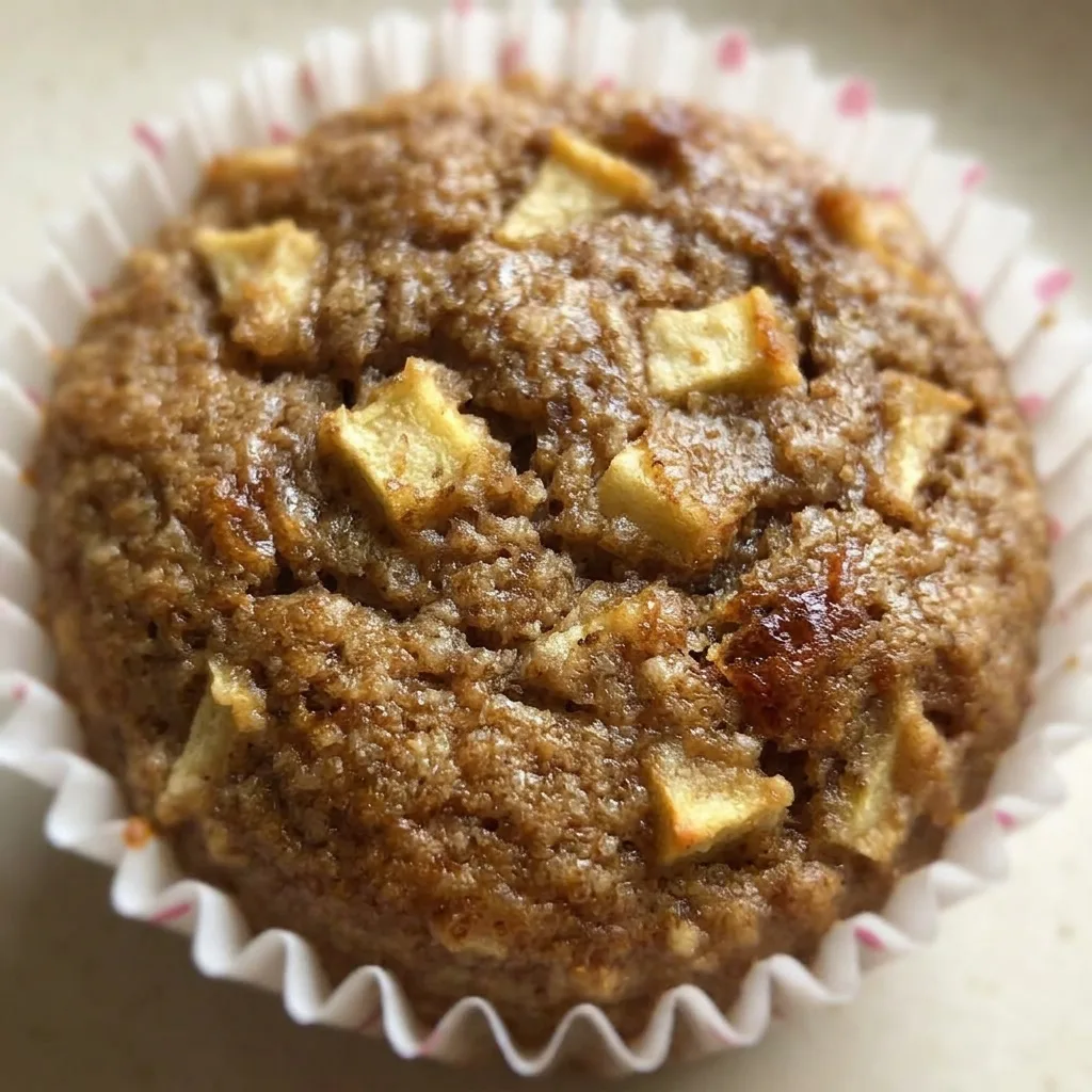Up close, a muffin with apple chunks and cinnamon specks, drizzled with date paste.