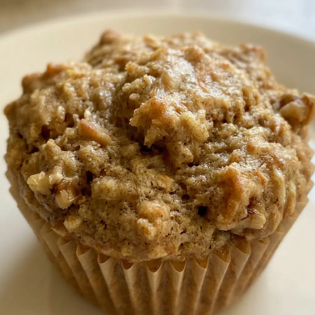 Close view of a baked muffin with visible apple chunks, walnuts, and a cinnamon-sugar topping.