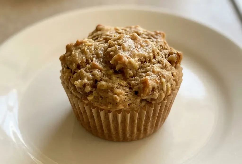 Overhead shot of a round apple cinnamon muffin topped with walnut pieces and cinnamon swirl on top.