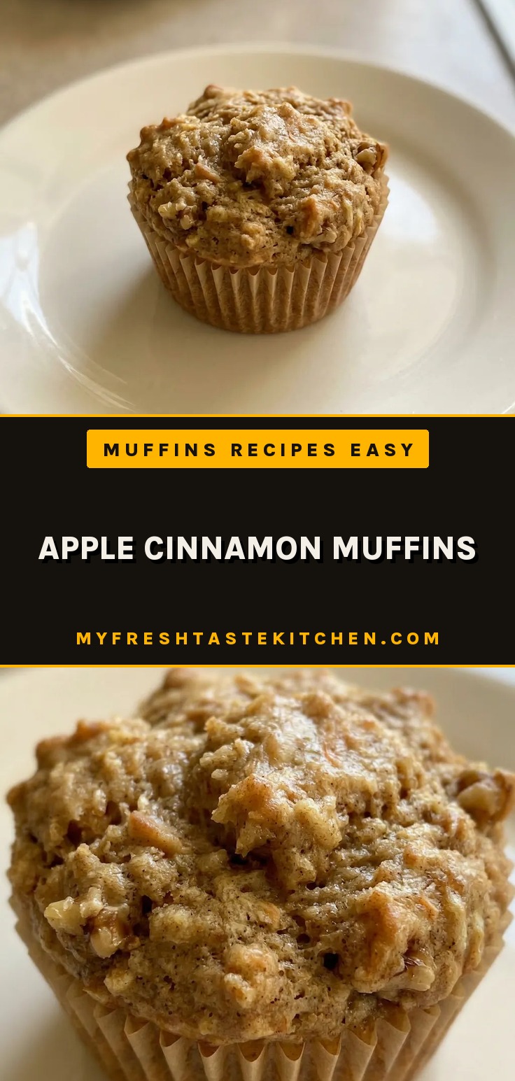 Overhead shot of a round apple cinnamon muffin topped with walnut pieces and cinnamon swirl on top.