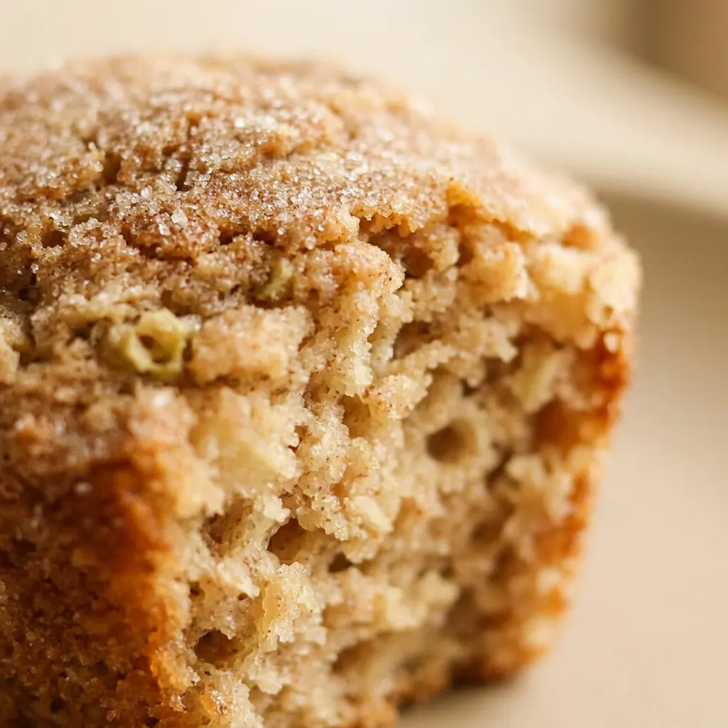 Zoomed in on a split muffin revealing cinnamon-spiced oat crumb and soft apple pieces, top lightly golden.