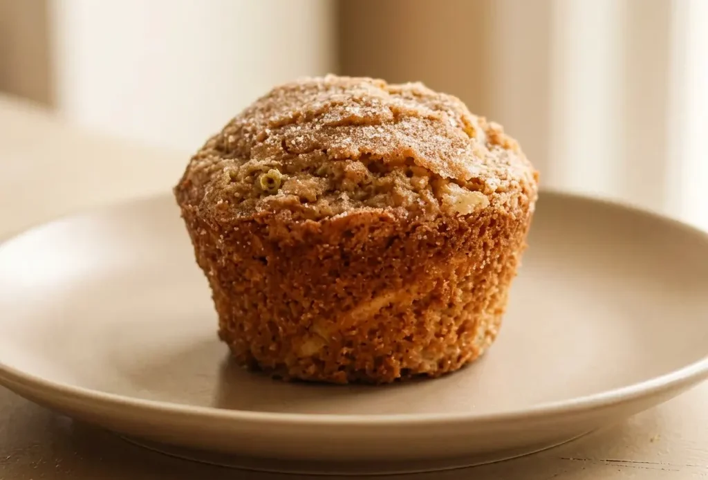 Bird's-eye view of two apple cinnamon oat muffins on a cooling grid, one cut open to show chunky applesauce filling.