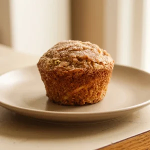 Bird's-eye view of two apple cinnamon oat muffins on a cooling grid, one cut open to show chunky applesauce filling.