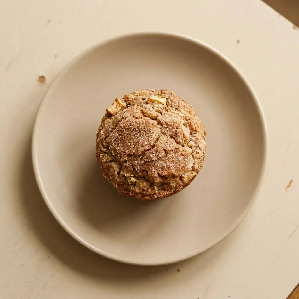 Ready to serve: a tall muffin with a domed top, visible apple bits and oat texture, placed on a white napkin.