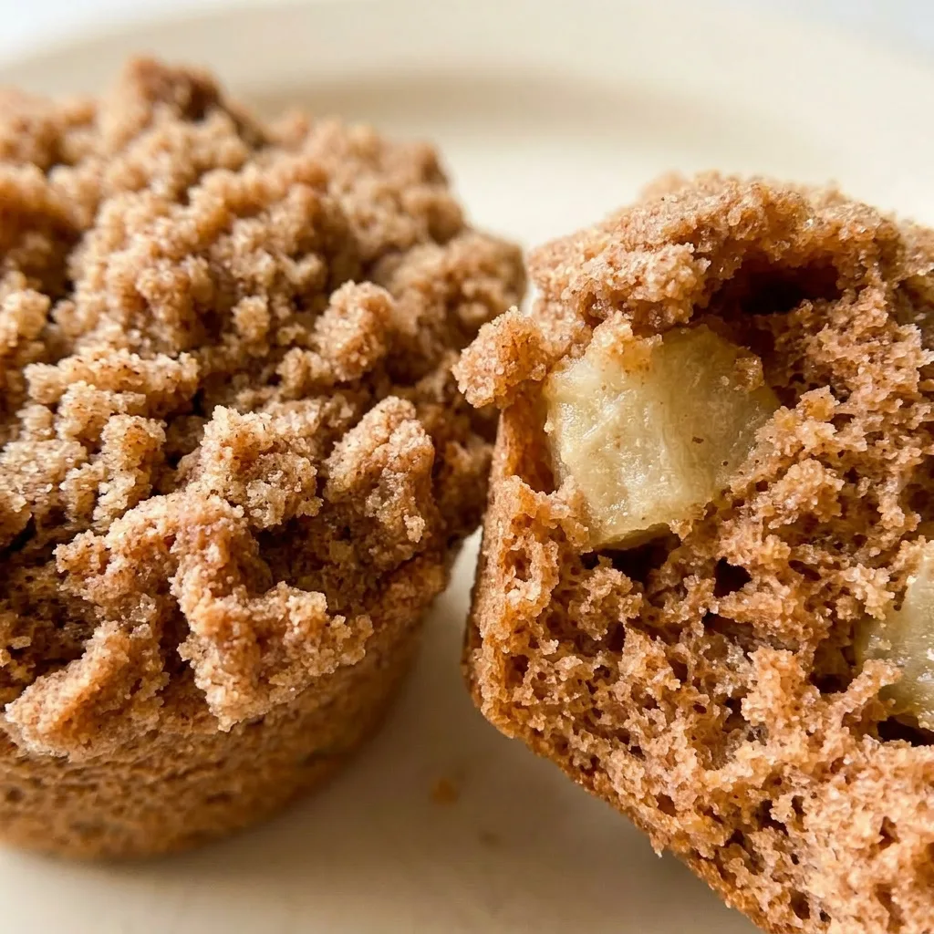 Zoomed in on a muffin's golden-brown crust, showing a glossy sheen from butter, with visible apple chunks and cinnamon flecks.