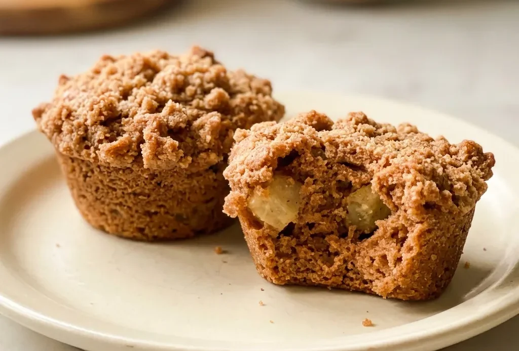 Bird's-eye view of a round muffin with a domed top, studded with diced apple pieces and speckled with cinnamon.