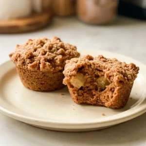 Bird's-eye view of a round muffin with a domed top, studded with diced apple pieces and speckled with cinnamon.