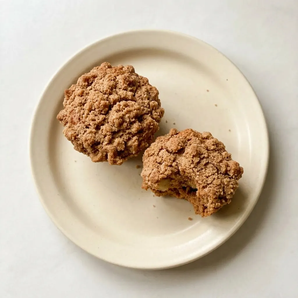 Ready to serve: a single apple cinnamon muffin on a white plate, its top lightly dusted with cinnamon and dotted with butter.
