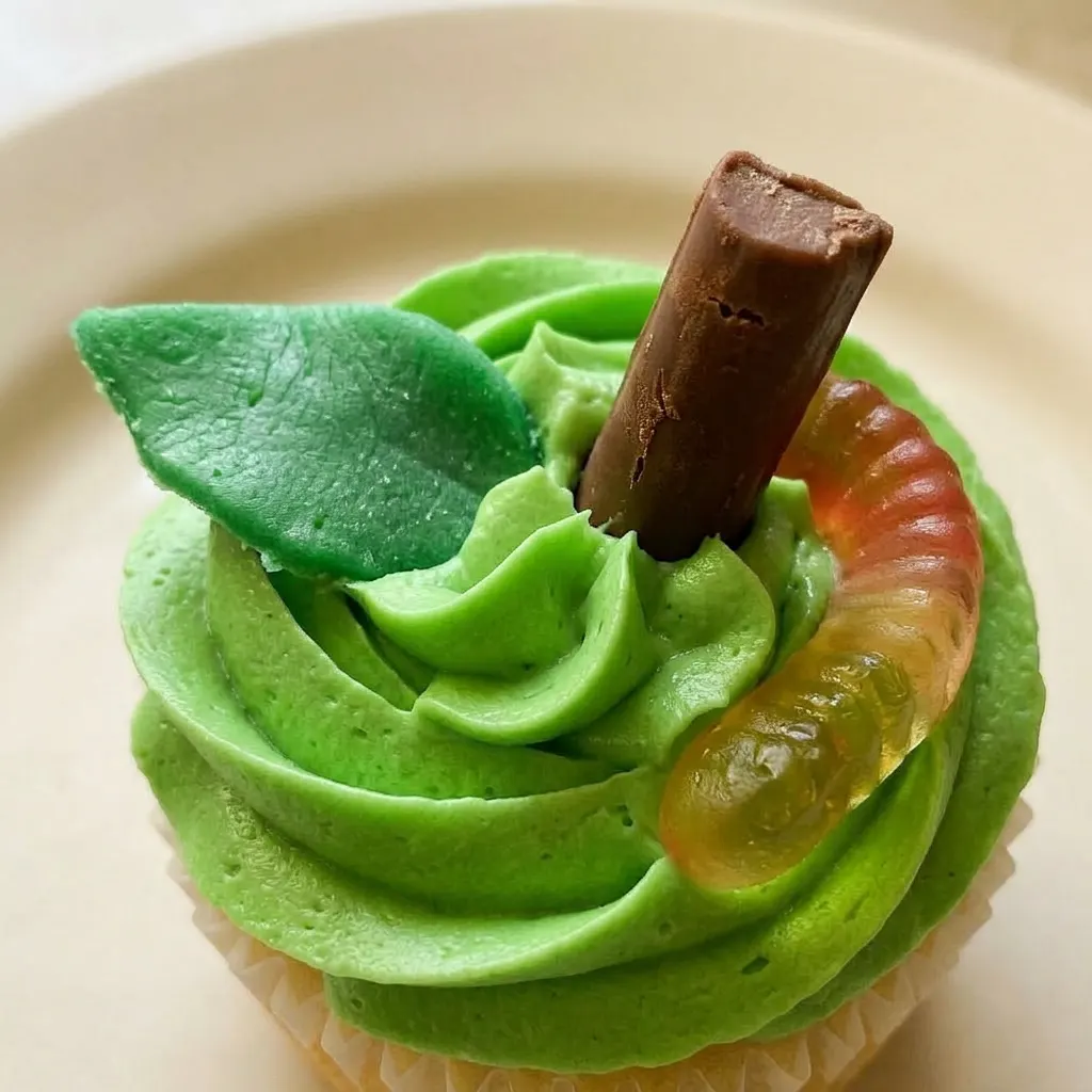 Close view of a cupcake with white frosting, a Tootsie Roll, a red Airhead, and green gummy worms.
